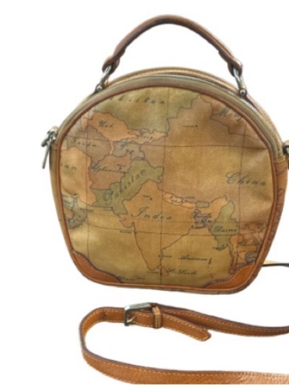 Alviero Martini Round Map-Print Crossbody in Tan and Brown vintage
